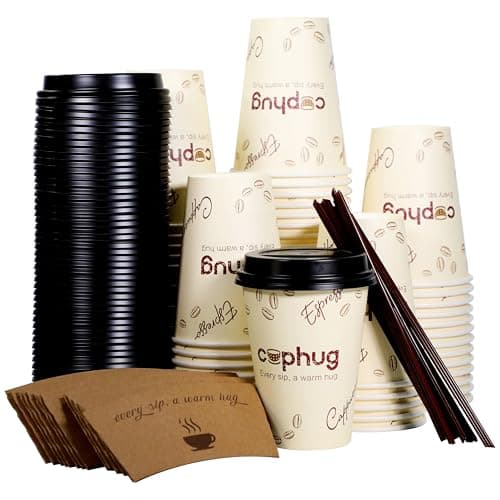 cuphug 12 oz Disposable Coffee Cups with Lids, Sleeves and Straws 100Pack, Thickened Leak-Proof Insulated Paper Cups for Hot Drinks, Home, Office, Cafe, Party
