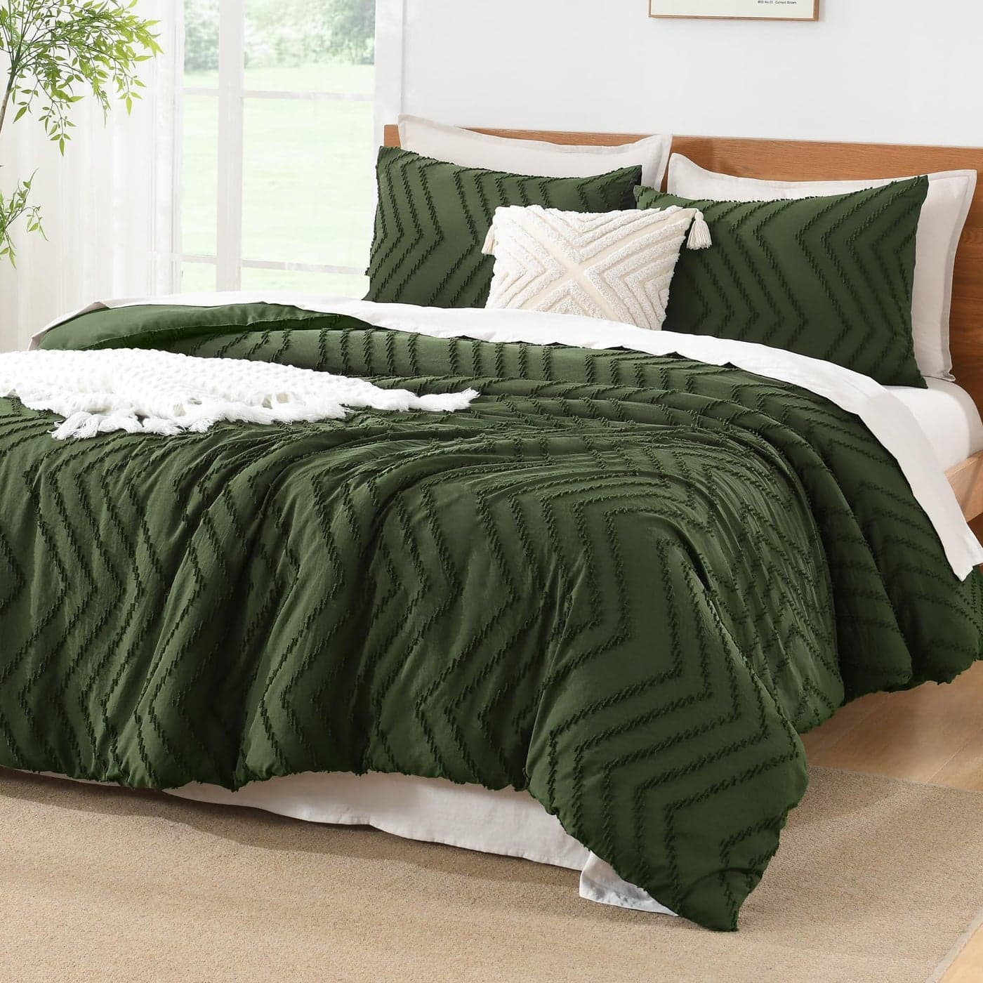 Litanika Dark Olive Green California King Comforter Set 3 Pieces Cal King Oversized Chevron Tufted Bedding Comforter Sets Fluffy Bed Set 104x96In Comforter 3 Pillowcases