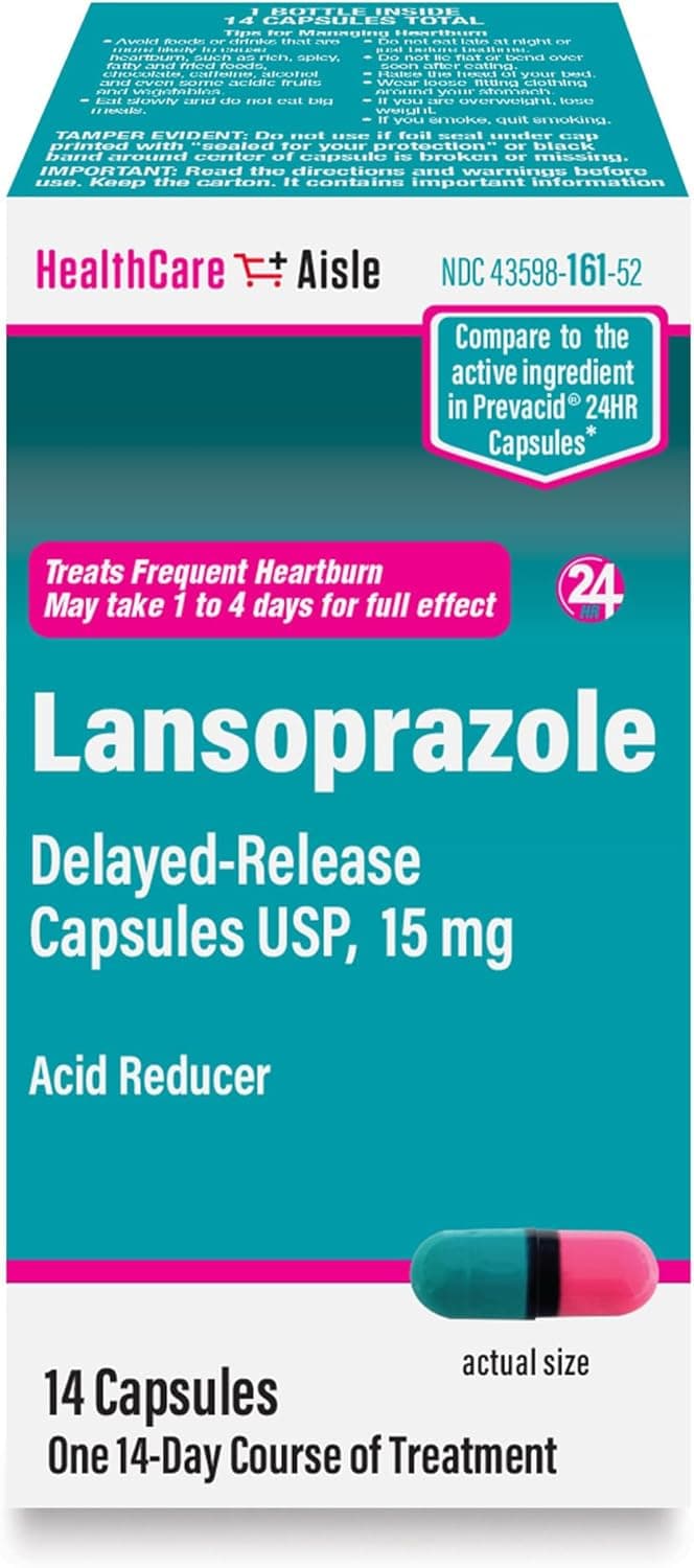 HealthCareAisle Lansoprazole 15 mg - 14 Delayed-Release Capsules - Acid Reducer, Treats Frequent Heartburn
