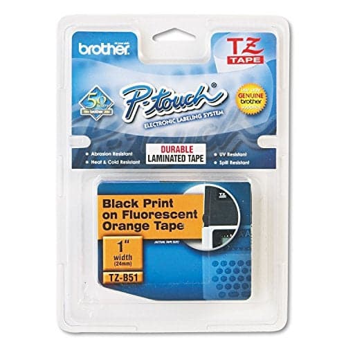 Brother Genuine P-touch TZE-B51 Tape, 1" (0.94") Wide Standard Laminated Tape, Black on Fluorescent Orange, Laminated for Indoor or Outdoor Use, Water-Resistant, 0.94" x 16.4' (24mm x 5M), TZEB51