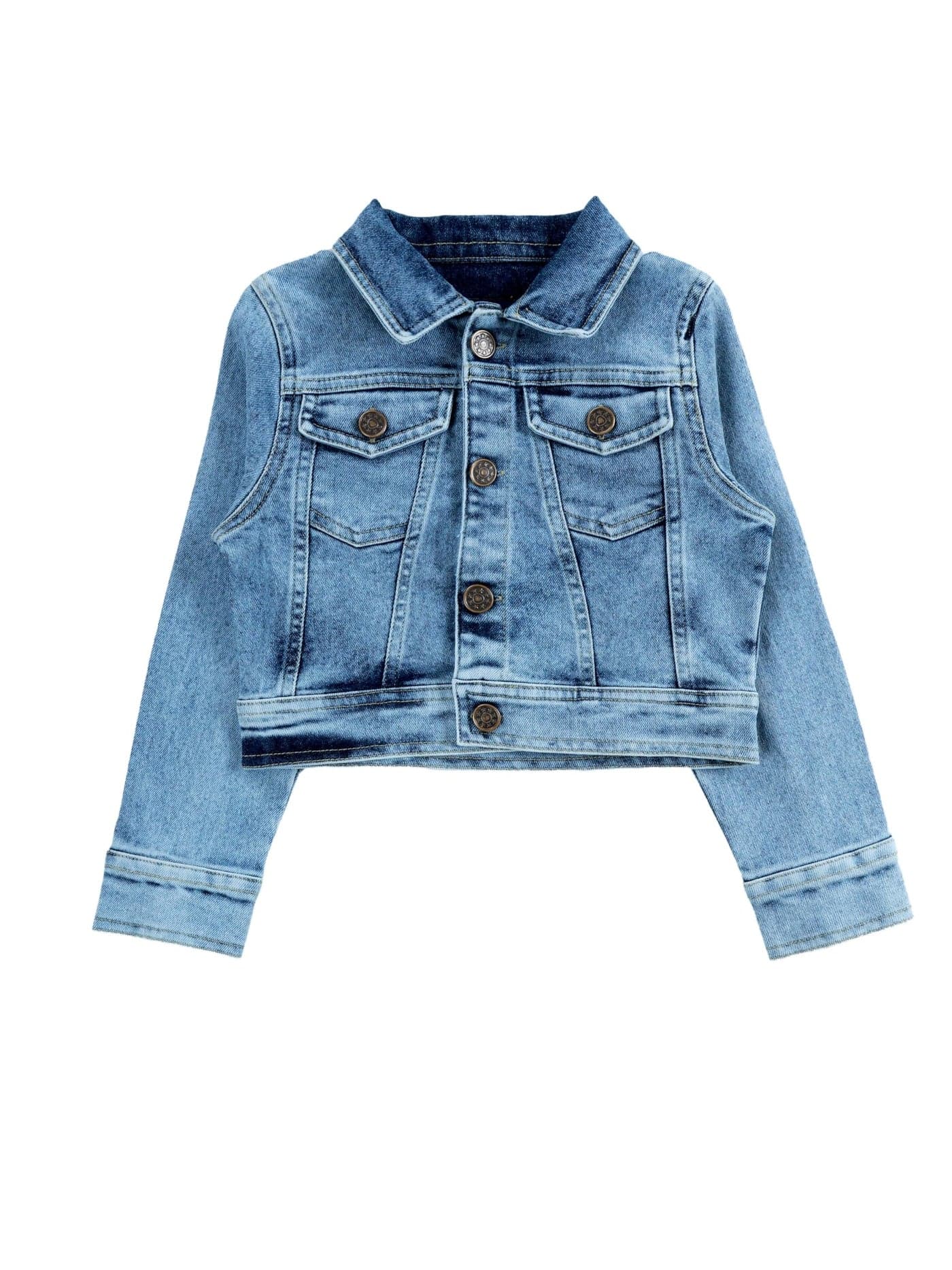 KiddoPanti Girls Full Sleeve Crop Length Front Button Open Denim Jacket, Lt Rag Wash Blue - 10-12Y