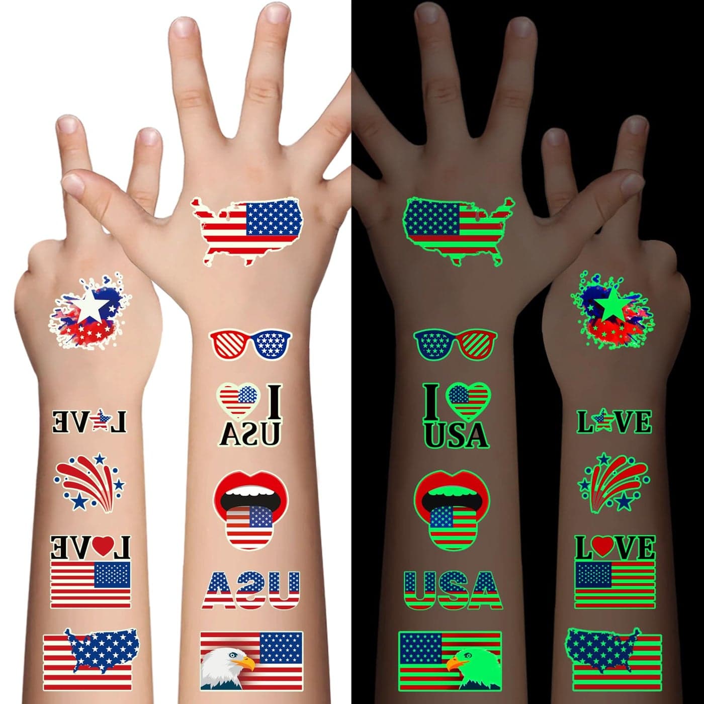 Awinmay 80PCS Luminous 4th of July Temporary Tattoos, American Flag Red White and Blue Decor, Fourth of July, USA Party Favors, Memorial Day, Independence Day,Labor Day Decorations Glow Party Supplies