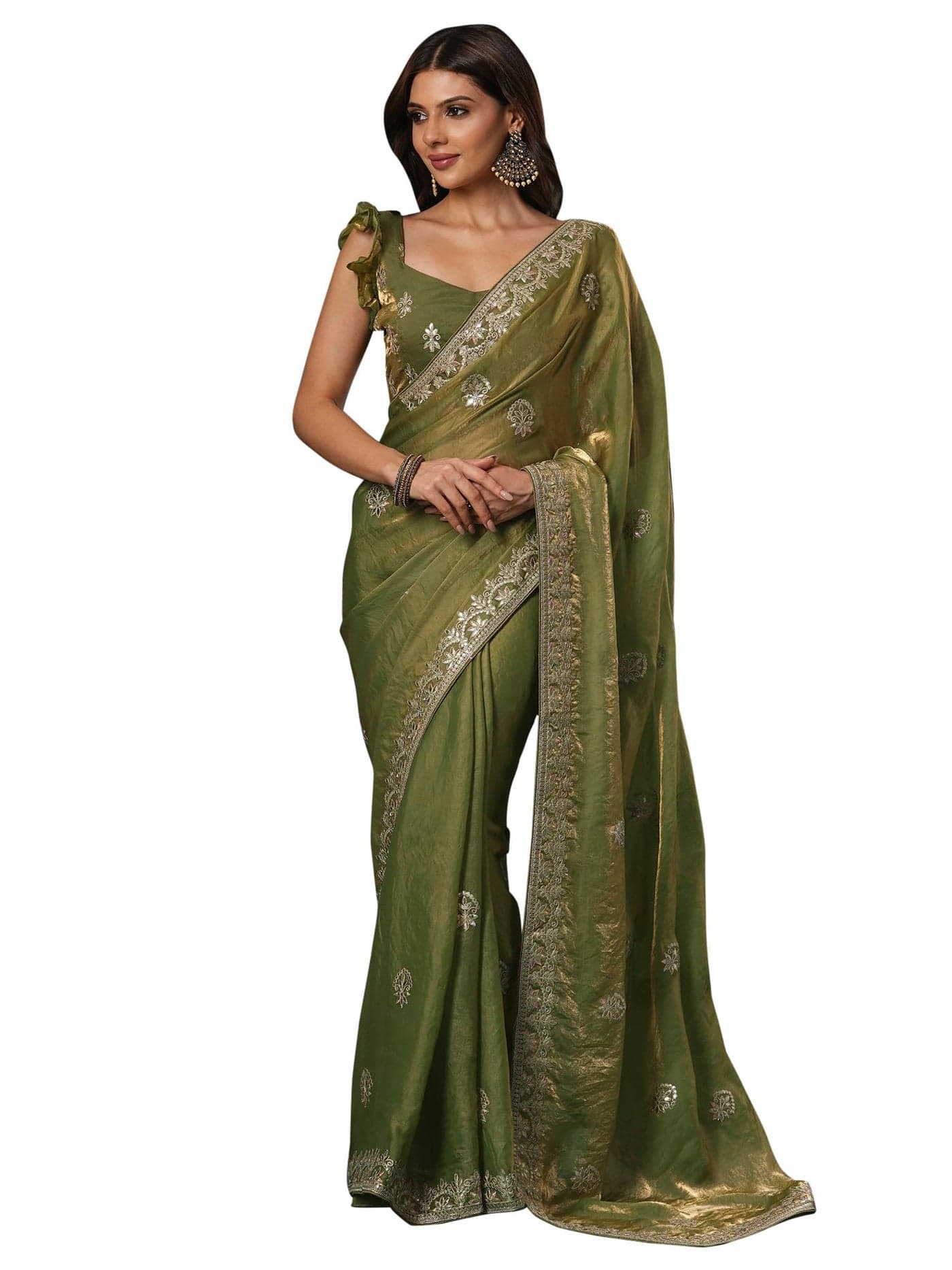 SAREE MALL Women's Light Green Satin Silk Embroidered Saree With Unstitched Blouse (KRIYNS4002_KH)