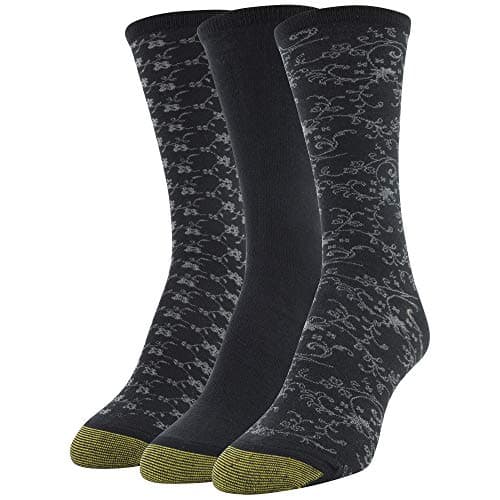 GOLDTOE Women's Scrolls Dress Crew Socks, 3 Pairs, Black Floral/Black/Black Vine, Shoe Size: 6-9