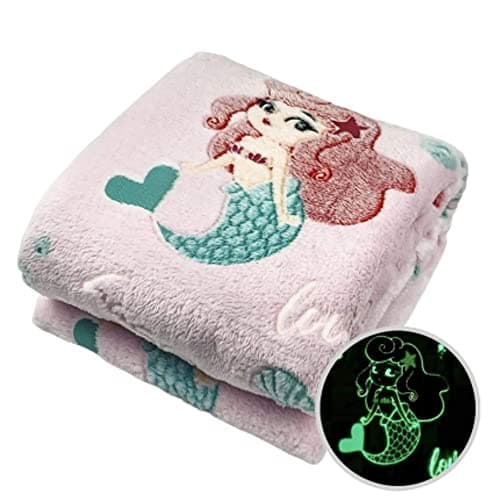 BLiSS HUES Glow in The Dark Blanket Gifts for Toddler Kids Teen Girls| 80 x 70 inch/ 200cm x 180cm |Bedroom Décor, Lightweight Throw Blankets|Soft Cozy Fluffy Luminous Throw Blanket - Pink Mermaid