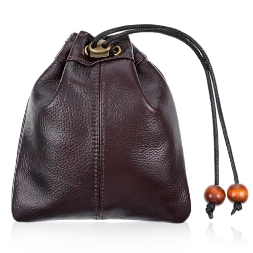 HJZHII Drawstring Cowhide Bag, Leather Storage Bags Small Waterproof Pouch Vintage Leather Pouch Small Bucket Purse for Men Jewelry Wedding Gifts Change Card Collection Coffee Color Renaissance