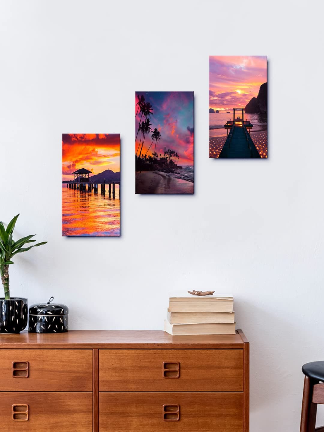 999STORE Beautiful Sunset On The Beach home room décor framed stylish modern wall frames hanging items for living (Set of 3 Panels Paper Print 24X15 Inches) MDF3Frames018