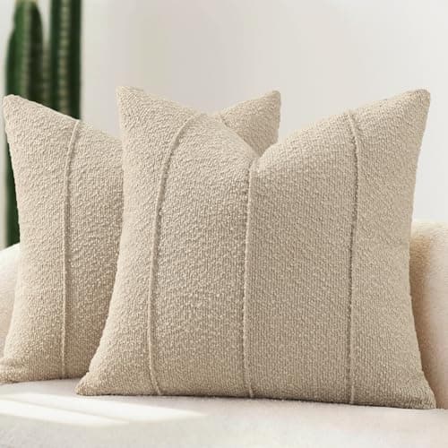 YCOLL Textured Boucle Throw Pillow Covers 20x20 Pack of 2 Soft Neutral Striped Cushion Covers Cozy Accent Decorative Pillow Covers for Couch Sofa Bed Living Room Oatmeal