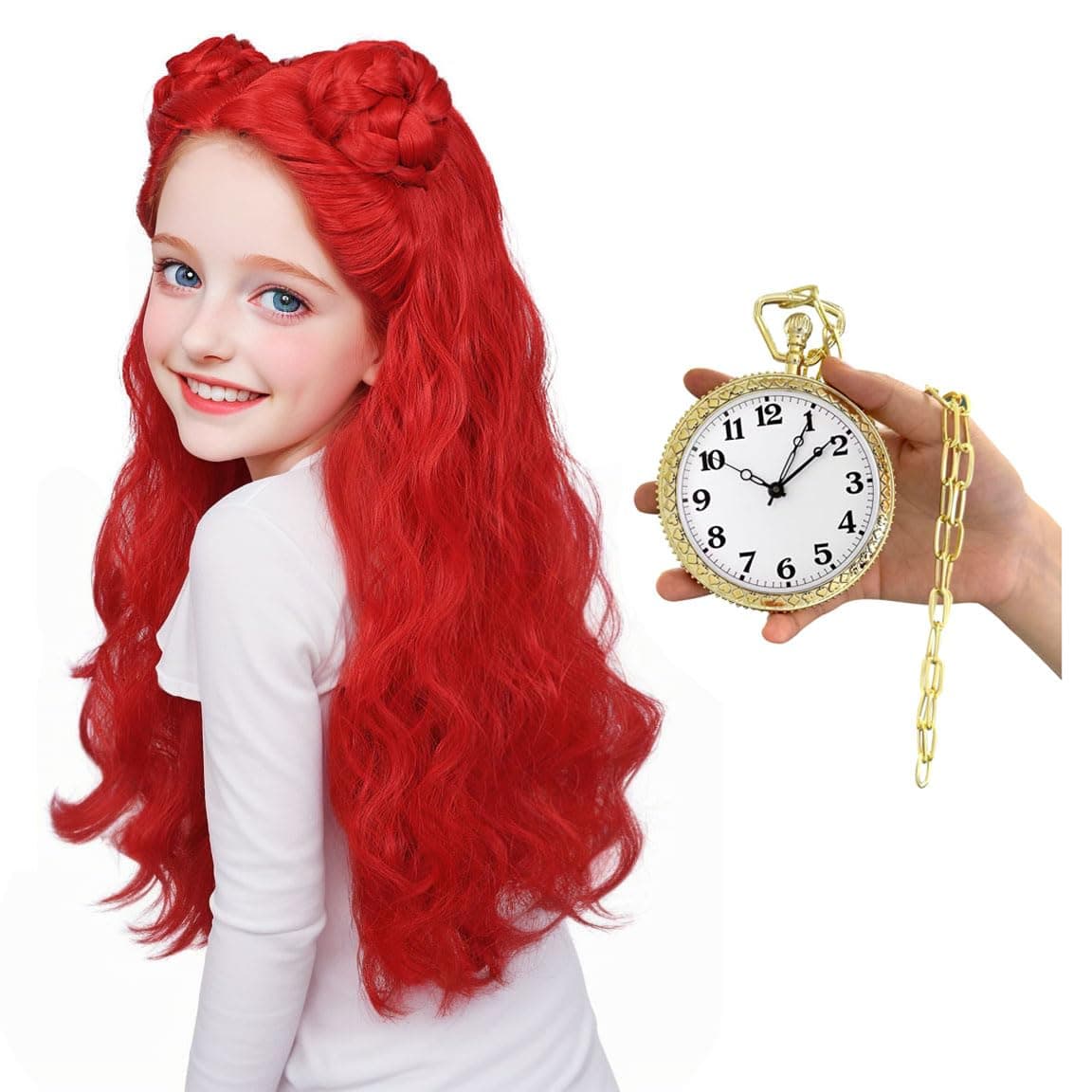 FantaLook Long Red Wig with 37 Inches Diameter Plastic Pocket Watch Prop Set for Halloween Party