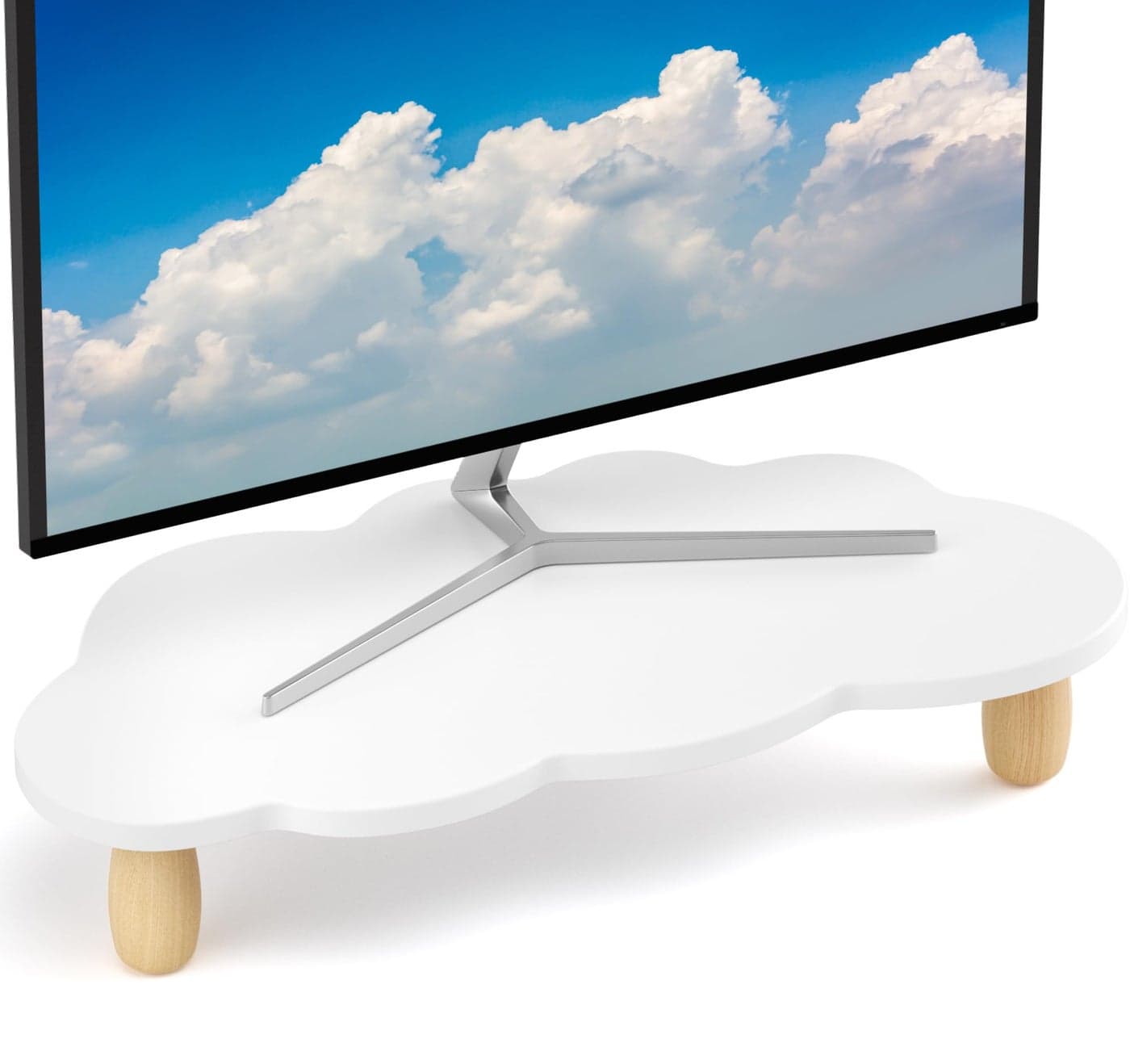 AFOOYO Monitor Stand RiserCloudShaped Sturdy Wood Computer Monitor Riser Laptop Monitor Stand MultiPurpose Desktop Organizer Riser for Computer Laptop Printer TVWhite