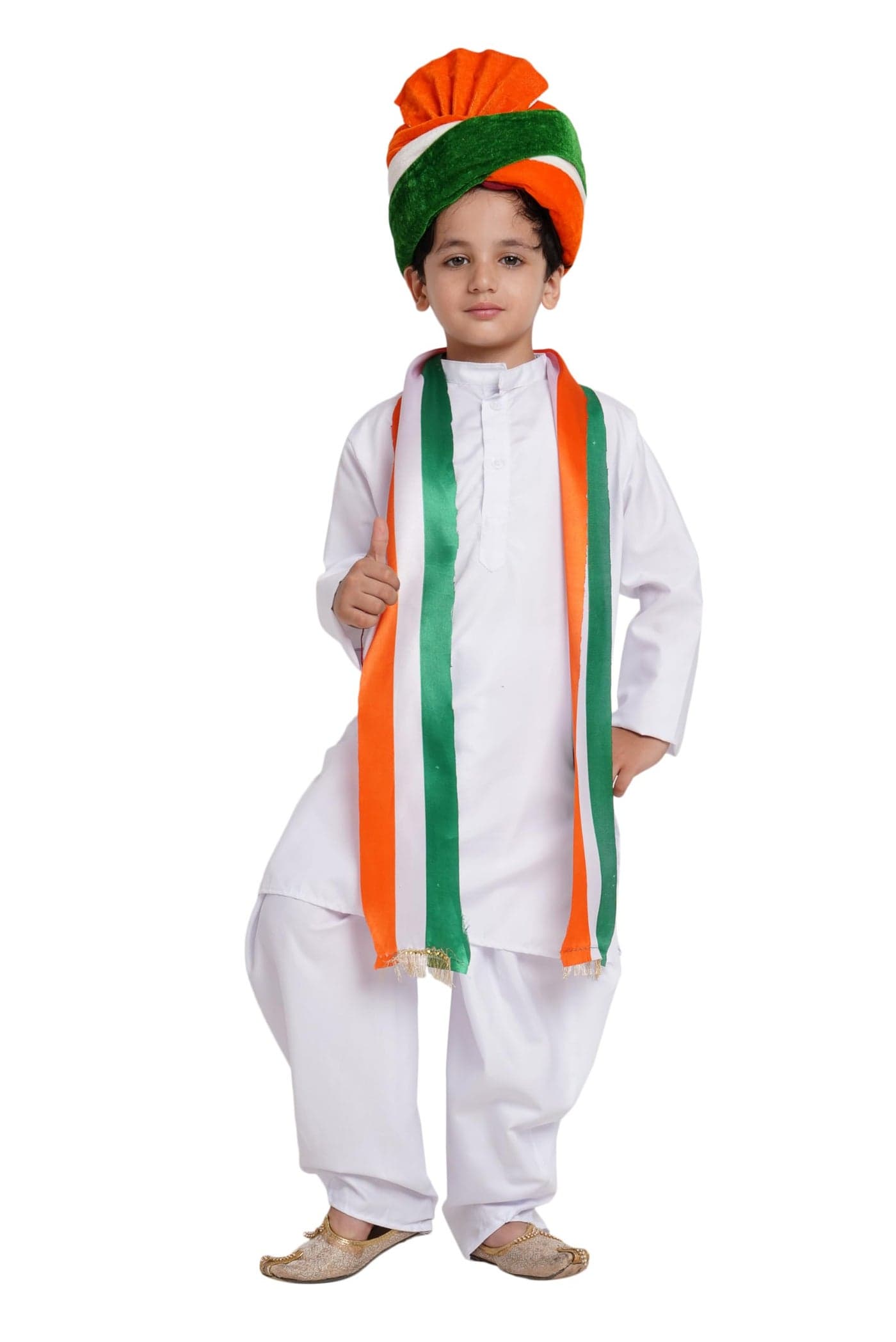 Kaku Fancy Dresses Polyester White Dhoti Kurta With Tricolor Safa & Stole For Kids, Independence Day & Republic Day Costume For Boys & Girls - White, 5-6 Years