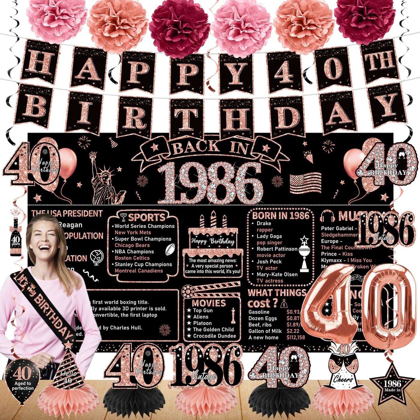 Zirtorei 40th Birthday Decorations for Women 21pcs the Year 1986 Banner Balloon Party Supplies Rose Gold 40 Year Old Birthday Backdrop 40 Bday Honeycomb Centerpiece Hanging Swirls Sash Gifts