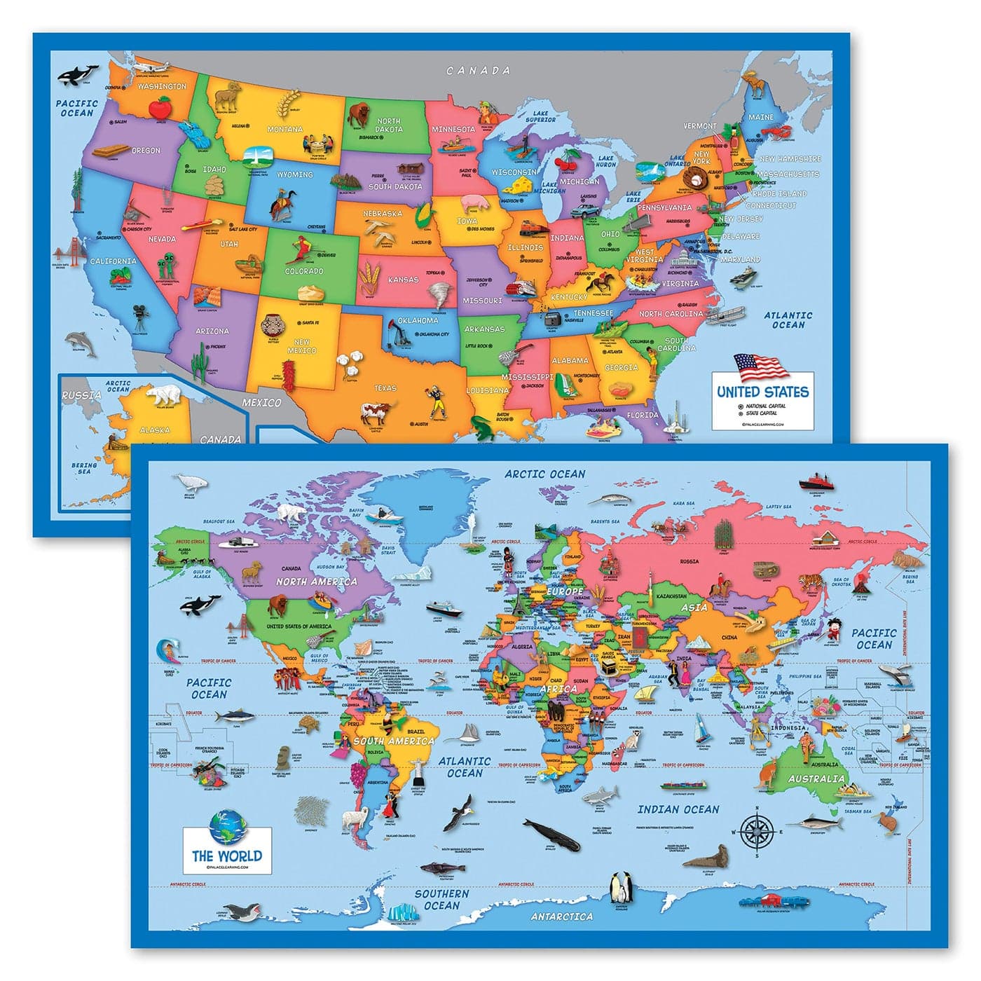 2 Pack World USA Map for Kids Illustrated 2 Poster Set LAMINATED 18 x 29