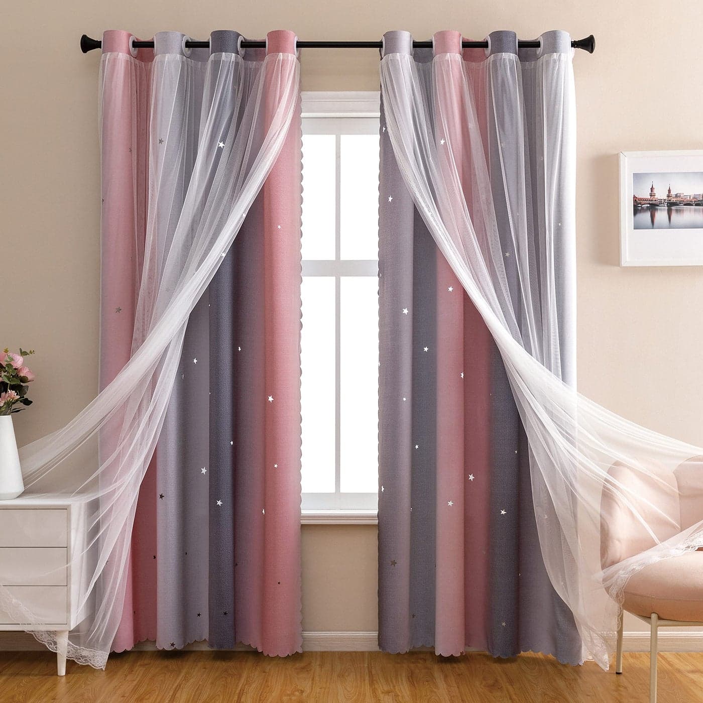 XiDi Dream Star Blackout Curtains for Kids Rooms Girl Princess Curtain for Daughter Bedroom Window Pink Grey W34 X L63