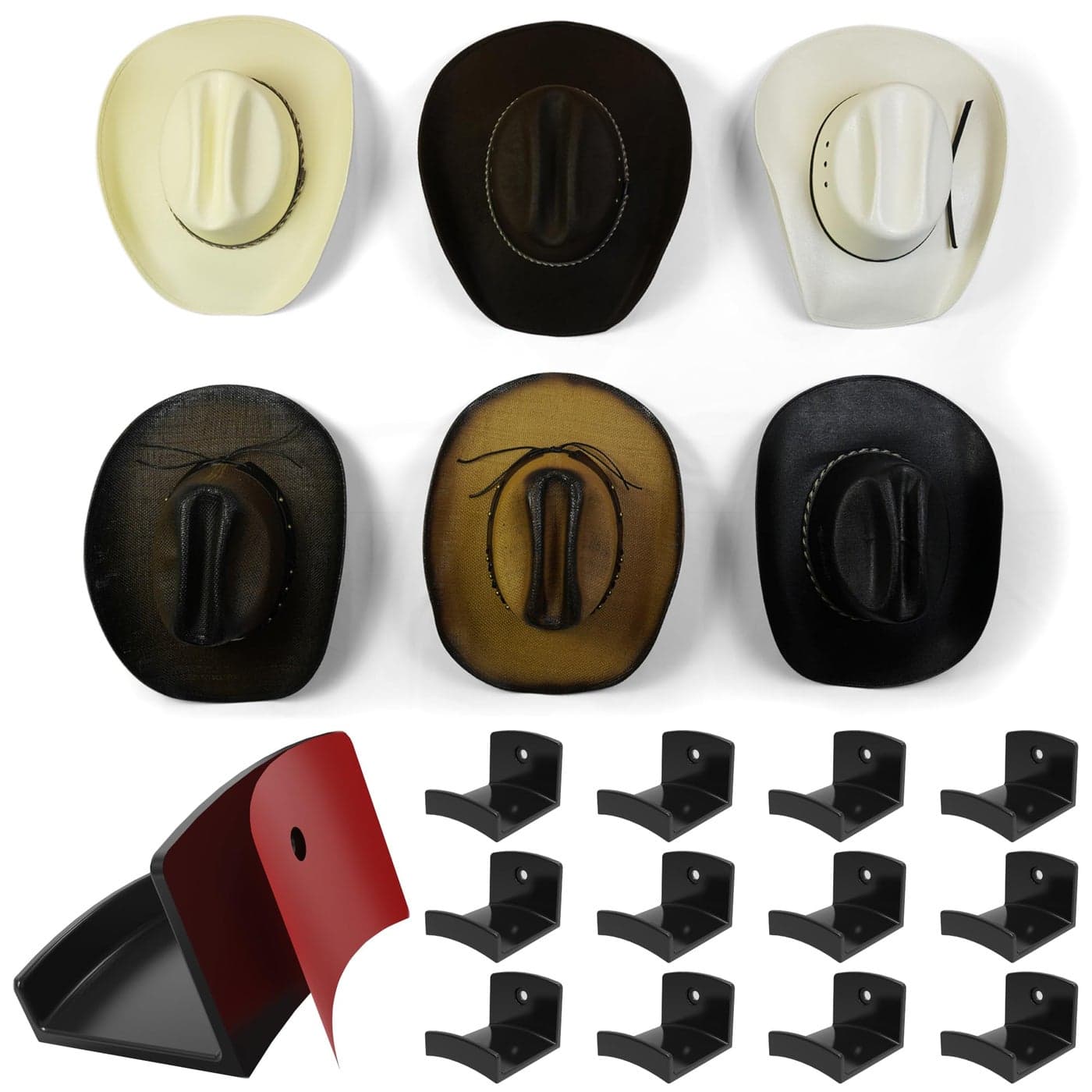 Modern JP Adhesive Hat Hooks for Wall 12Pack Cowboy Hat Rack Wide Brim Hat Organizer Strong Hold Hat Hangers for Wall Black