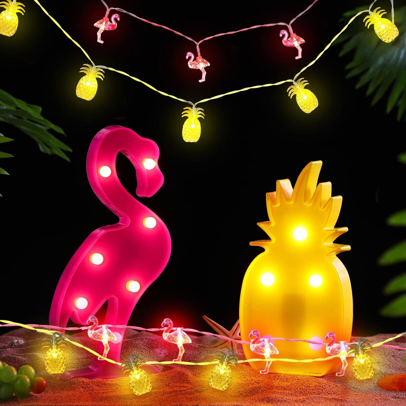 Treela 4 Pcs Tropical Decorations Include 2 Pcs Flamingos Pineapple Lights 2 Pcs 10ft 20 LED Battery String Lights Hawaiian Luau Themed Birthday Party Decor for Summer Fiesta