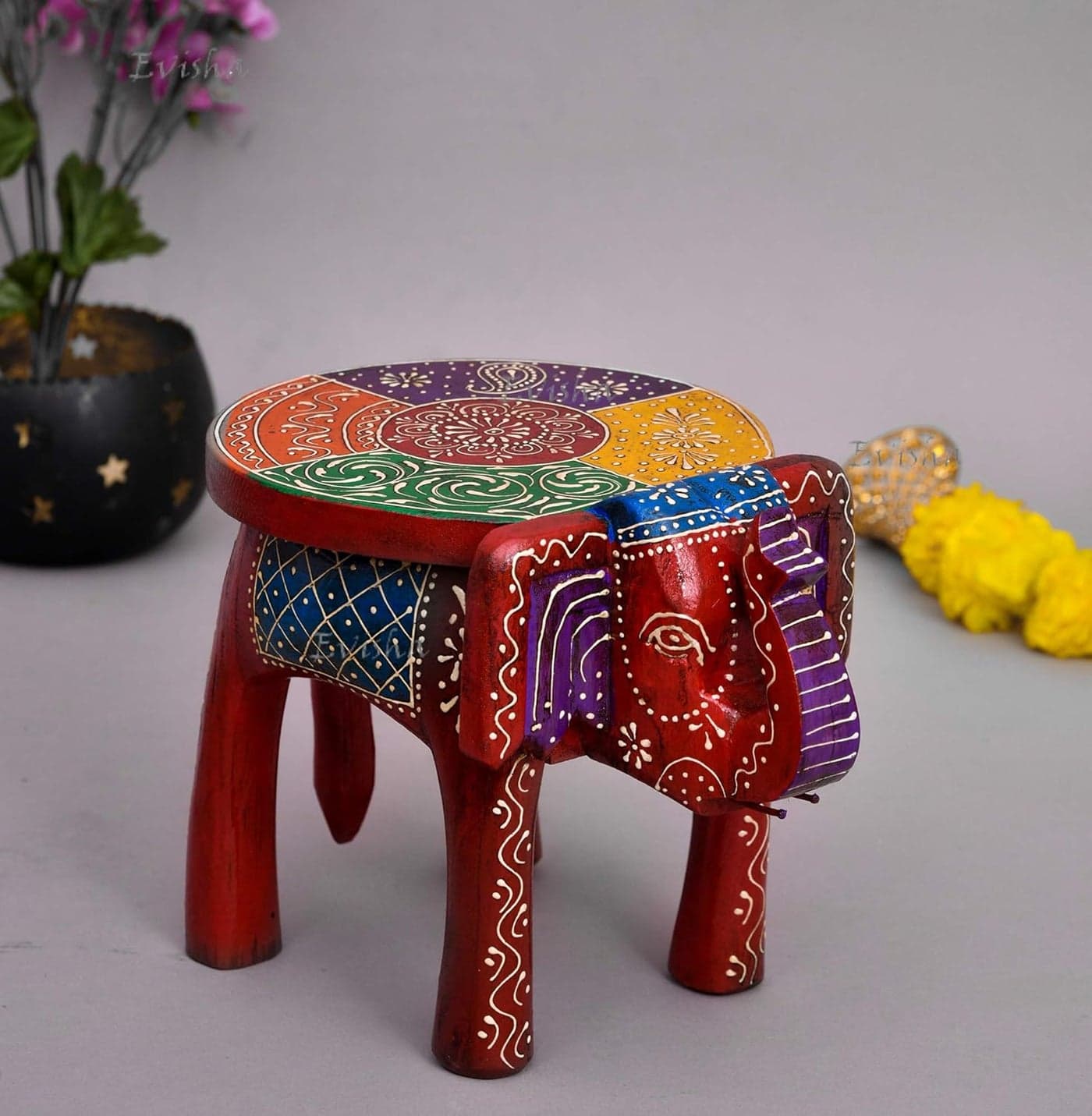 Evisha Rajasthani Wooden Elephant Stool Wooden Table Traditional Showpiece for Home Dcor