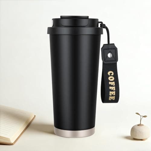 Black Insulated Leakproof 316 Stainless Steel Water Bottle Coffee Travel Mug With Straw And Flip Lid With Carrying Rope,18oz Large Capacity For Office School Party Camping.