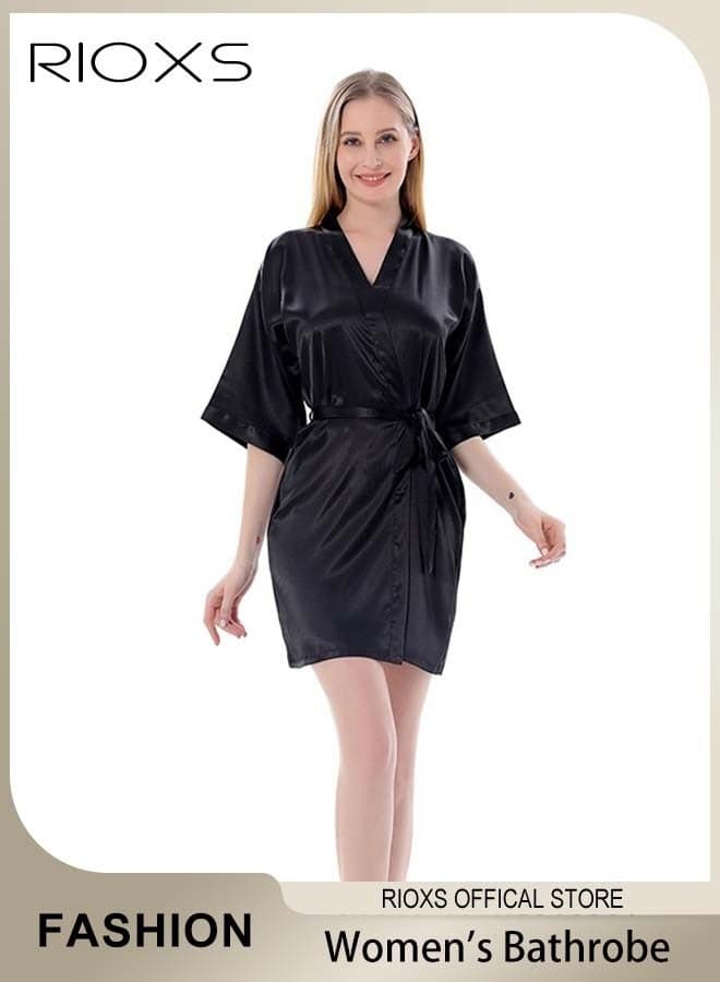 Women's Solid-Color Robe, Summer Lightweight Style with Belt and Three-Quarter Sleeves Casual Soft Stretch Loungewear Morning Robe, Black
