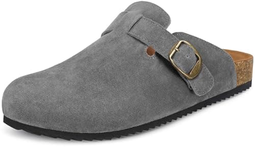 Intini Suede Clogs for Mens Womens Leather Clogs Adjustable Buckle Cork Footbed Home Slippers Sandals Grey