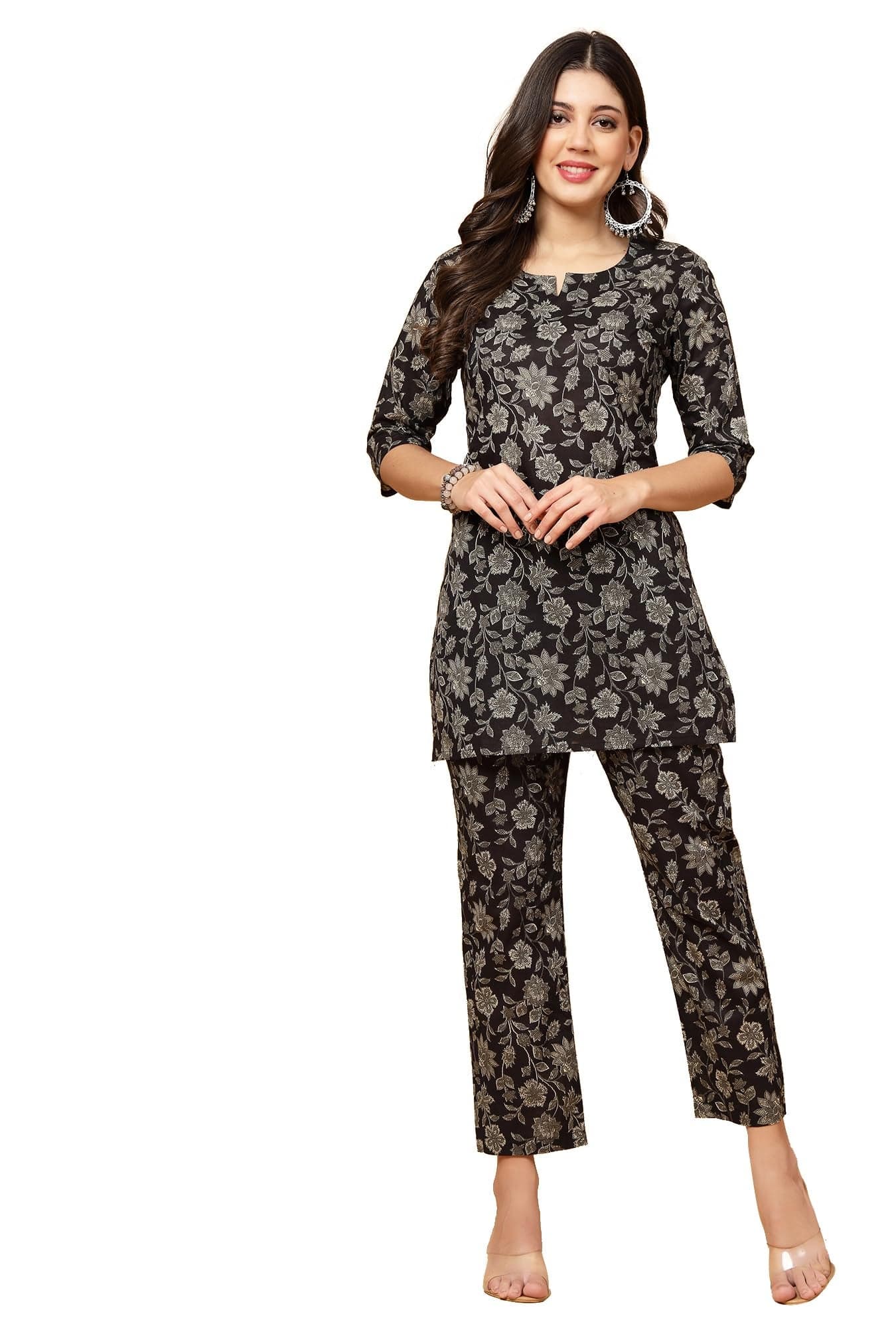Pistaa's Women's Cotton Printed Relaxed Night Suit Top and Pyjama Set (Medium, Black)