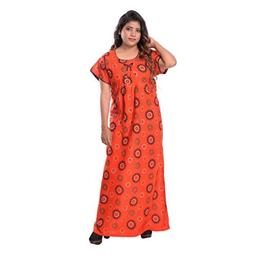 Svojas Women Nighty Cotton with Sunflower Print(Free Size, Orange)
