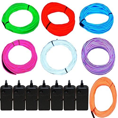 JYtrend 7 Pack 9ft Neon Light El Wire wBattery Pack Green Blue Red Orange Purple White Pink