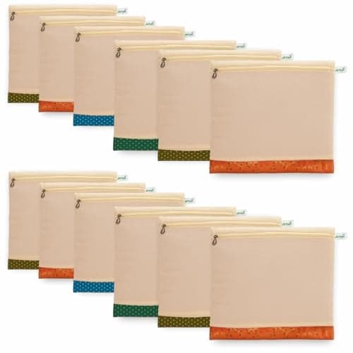 JD FRESH 12 Pcs Cotton Saree Bags/Covers For Storage (16 X 14 Inches) With Zip Closure For Clothes Bags And Wardrobe Organizer With Bottom Transparent Mesh Window (Off White)
