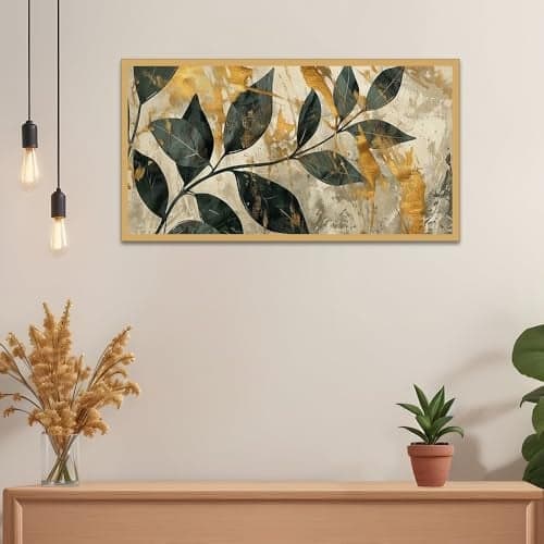 DEKORSTATION Abstract Modern Art Floral Green Leaves Canvas Wall Painting|Nature Wall Painting|Painting for Wall Decoration|Green Leaf Paintings with Frame for Living Room|Size: 12x24 Inch (FF_887DS)