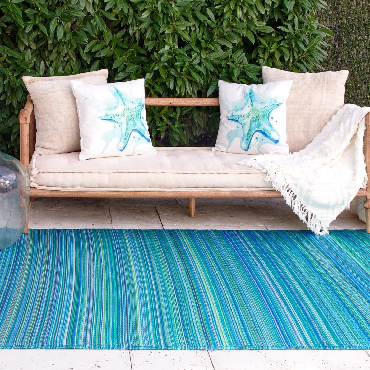Fab Habitat Outdoor Rug Waterproof Fade Resistant CreaseFree Premium Recycled Plastic Striped Patio Deck Porch Balcony Laundry Room Cancun Turquoise Moss Green 4 x 6 ft