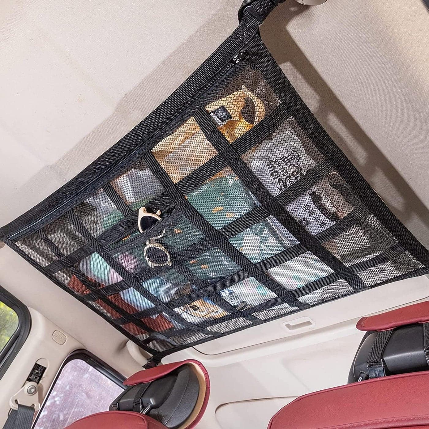 Car Ceiling Storage Net, Upgrade Car Ceiling Cargo Net Pocket, Roof Interior Large Capacity Storage Organizer, High Load-Bearing and Less Droop, for Most Car, SUV, Sedan, 79x54cm