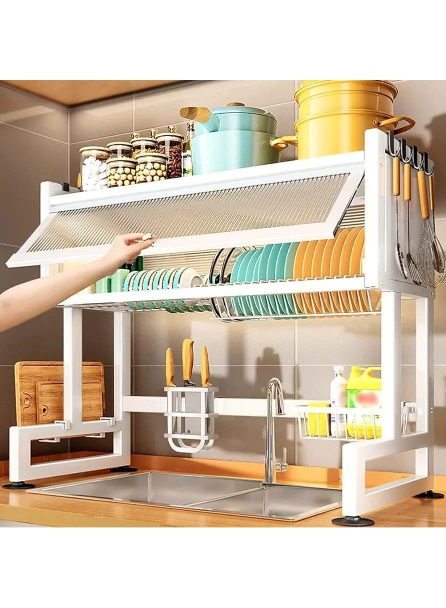 Dish Rack Organizer Stainless Steel with Doors Over Sink Dish Drying Rack Storage Rack Kitchen Dish Drainer Nonslip Kitchen Multipurpose Rack Dust-Proof