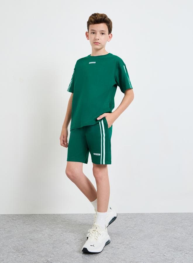 Side Stripe Drop Shoulder Oversized T-Shirt and Drawstring Short Set