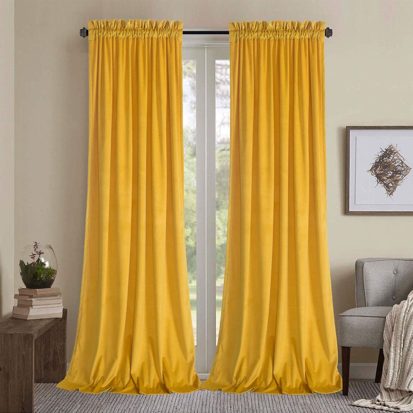 Roslynwood Block Light Velvet Curtains Decorative Super Soft Velvet Curtain Panel Energy Smart Kitchen Slide Door Insulated Drapes for Rod Pocket 52Wx84L Warm Yellow 2 Panels
