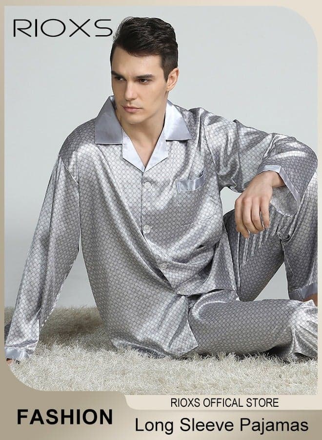 2 Pcs Men's Satin Pajamas Set, Silk Sleepwear Set, Long Sleeve Button Down Top and Pants, Classic Loungewear for Men, Soft Breathable Nightwear Pajamas Set for Home, Dormitory, Hotel, Travel and More, Grey