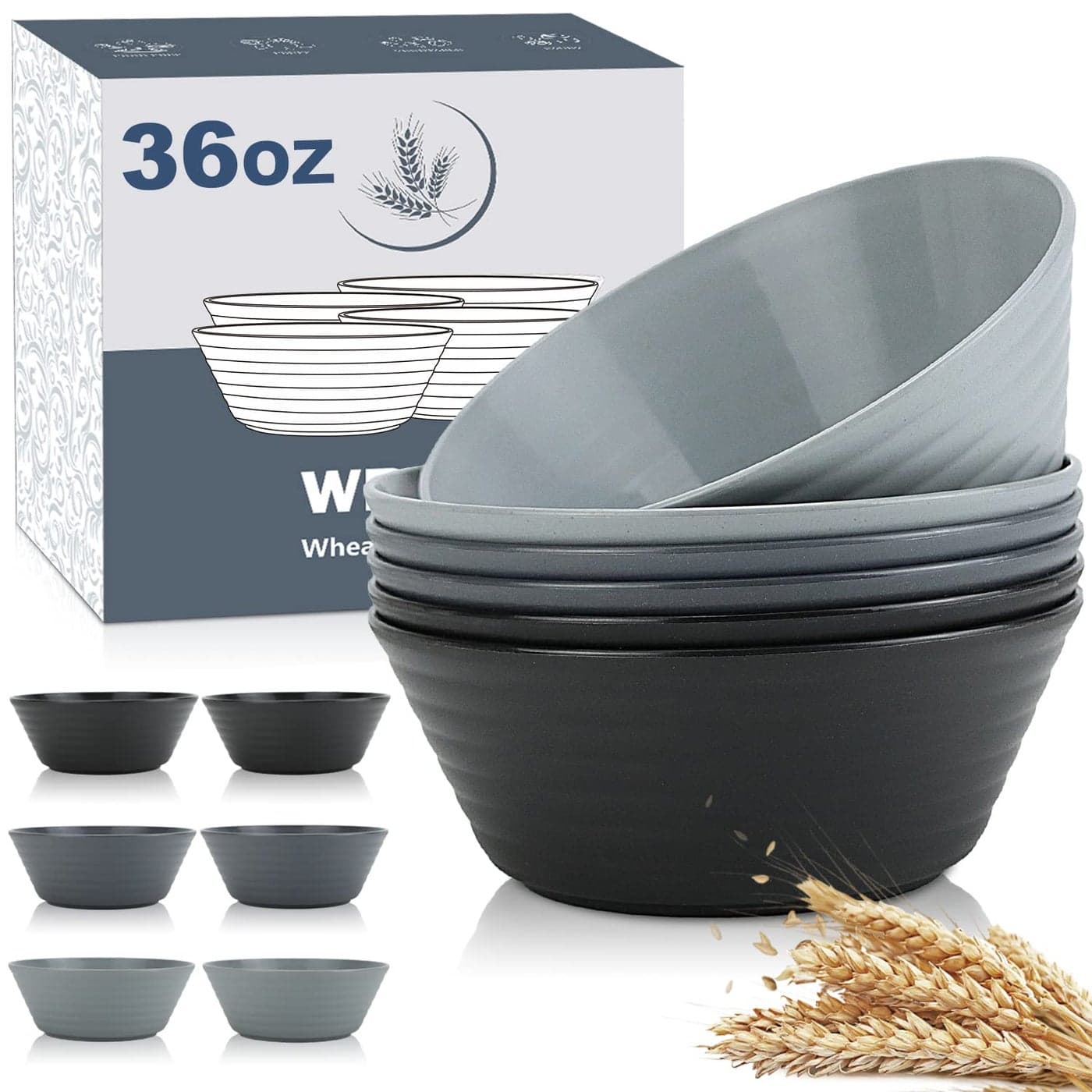 Wrova Wheat Straw Bowl Sets6 PCS Unbreakable Cereal Bowl 36 OZMicrowave and Dishwasher Safe BowlsSalad Bowls for CampingRvApartmentDormParty Black Grey