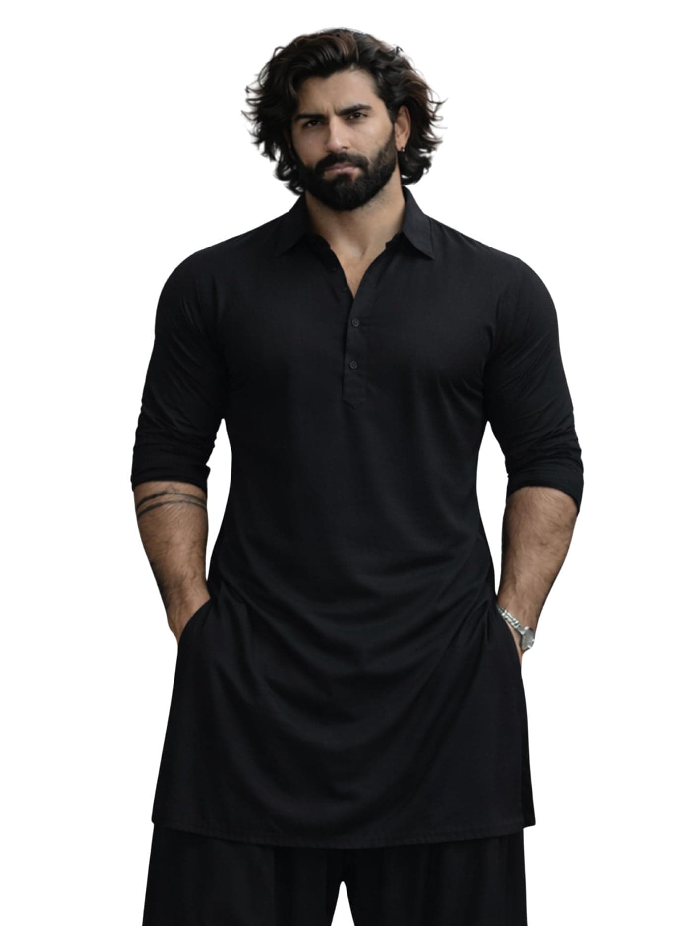 VASTRAMAY Men's Black and White Viscose Pathani Kurta Only, Traditional Pathani in Soft Comfortable Feel Viscose Fabric for Weddings, Ethnic Outfit (VASMPT598BL_36)