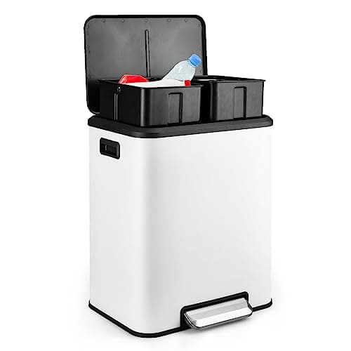 8 Gallon/30 Liter Dual Compartment Trash Can, Stainless Steel Garbage Can with Soft-Close Lid and Two Removable Inner Buckets, 2 x 15L Two Compartment Trash Bin for Kitchen Bedroom Home, White