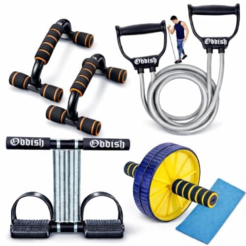 ODDISH Way to Fitness Home Gym Combo Set (Tummy Trimmer, Push Up Bars, Resistance Tube, Ab Roller & Mat) – Full Body Workout Kit with Double Spring Power & Non-Slip Grip – Multicolor – Standard Size