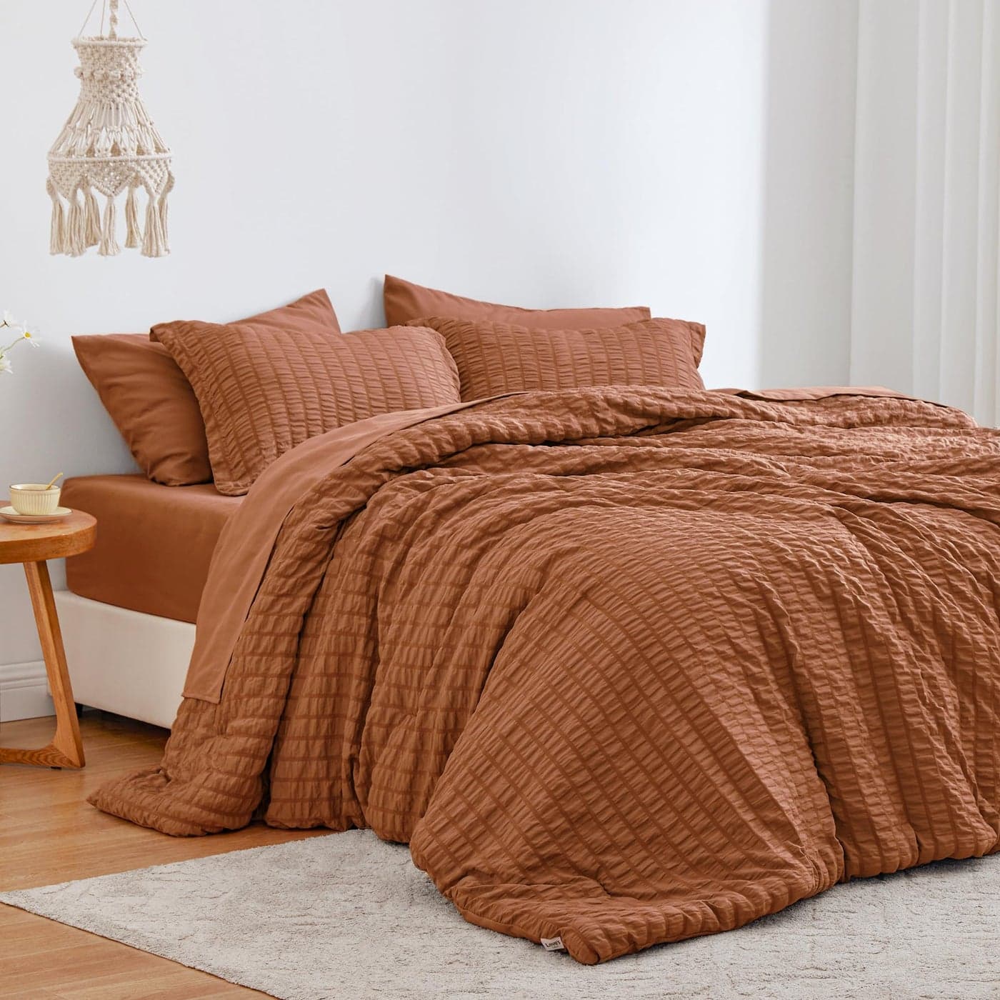 Loves cabin Seersucker Terracotta California King Comforter Set 7 Pieces California King Bed in a Bag All Season Bedding Sets with Comforter Flat Sheet Fitted Sheet Pillowcase and Pillow Sham