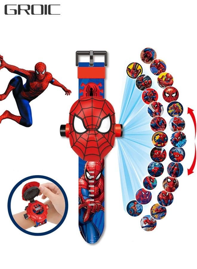 Kids Watch with 24 Spiderman Projection Patterns Cartoons Kids Digital Wrist Watch Toys with Adjustable Strap Projector Watch
