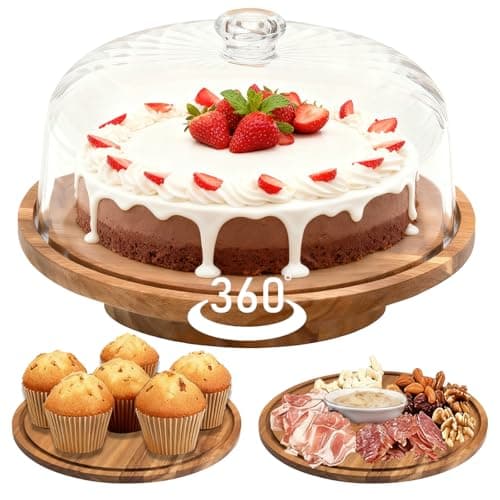 cutesun acacia wood cake stand with lid, 11.8'' Rotating Cake Stand with Dome, Shaterproof 10.4'' Acrylic Cake Display Cover, Cake Holder Tray for Wedding Gift,Kitchen,Birthday,Parties,Baking Gifts
