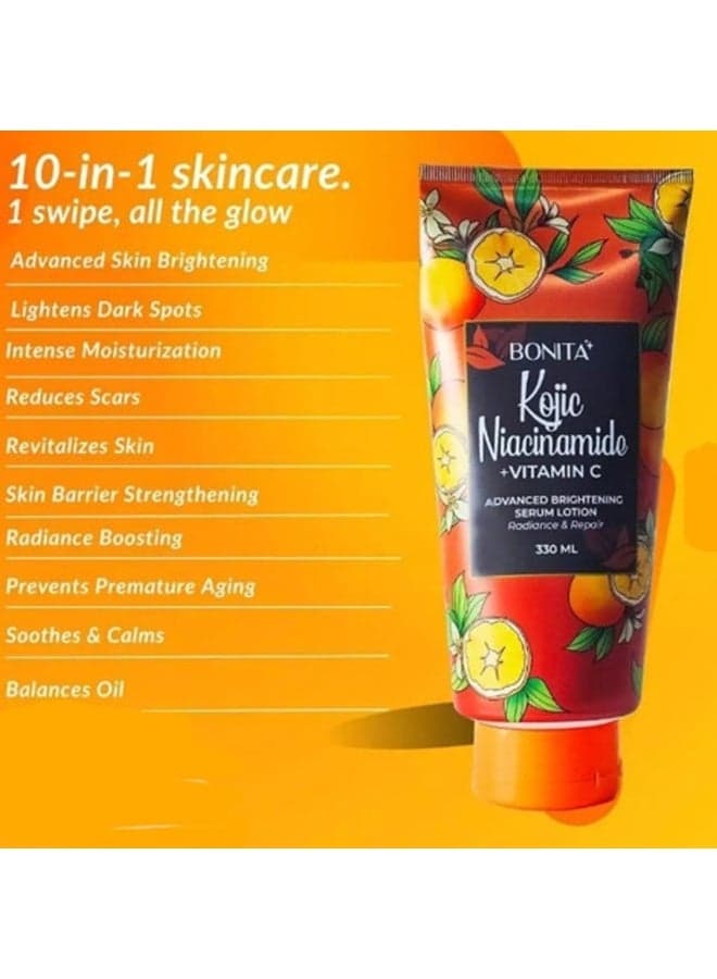 BONITA Kojic Niacinamide Vitamin C Brightening Serum Lotion 330ml Advanced Skin Brightening Formula for Even Tone, Dark Spot Reduction, Deep Hydration, Radiant Glow Enhancement and Daily Skin Nourishment for Men and Women