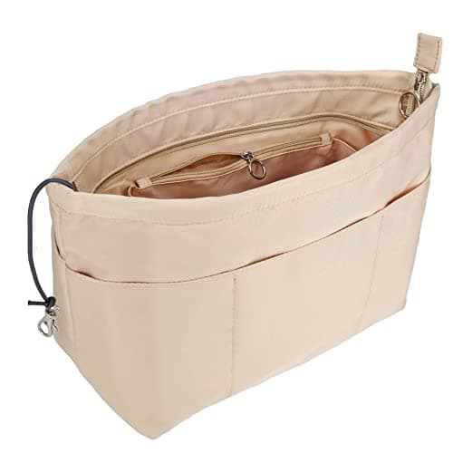 Time Wing Purse Organizer Insert Tote Handbag Organizer Divider Bag in Bag Shaper Liner Multi Pockets Compartments Zippers Key Chain Medium Beige