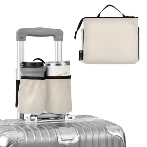 DOMIKING Beige Travel Luggage Cup Holder for Suitcase Free Hands Drink Carrier with Storage Pocket for Coffee Mugs Bottle