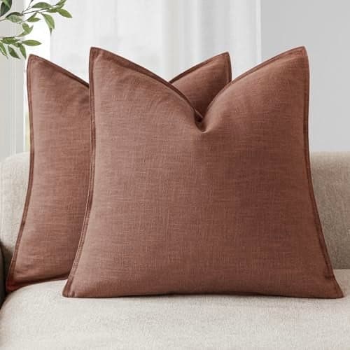 Foindtower Pack of 2 Decorative Linen Soild Throw Pillow Covers Soft Accent Euro Cushion Case Boho Farmhouse Pillowcase for Chair Couch Sofa Bedroom Living Room Home Decor 26 x 26 Inch Rust Red