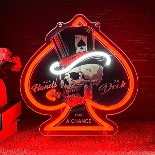 Skull Poker Neon Sign for Wall Decor, USB Powered Dimmable Sign for Casino Night Party, Las Vegas Party, Poker Room, Man Cave, Game Room, Bar, Bedroom, Party Gift for Poker Lovers