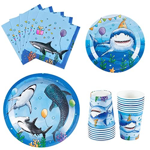 WERNNSAI Shark Birthday Party Decorations 64PCS Under The Sea Birthday Decorations Blue Ocean Plates Cups Napkins Tableware for Kids Boys Baby Shower Summer Pool Party Decor Serves 16 Guests