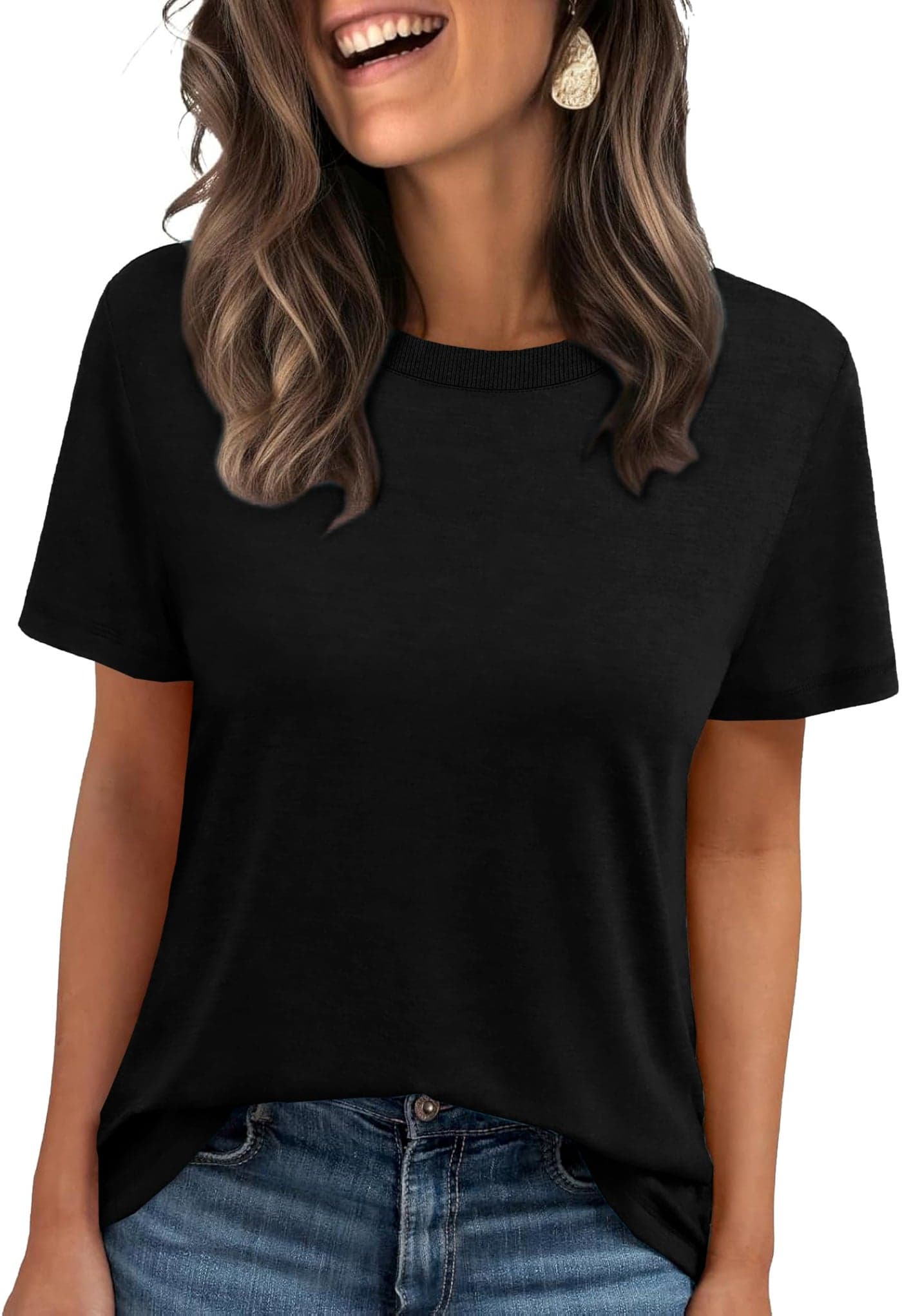 Womens Short Sleeve Tops Crewneck Black Tshirts Loose Fit Casual Tees Shirts XL
