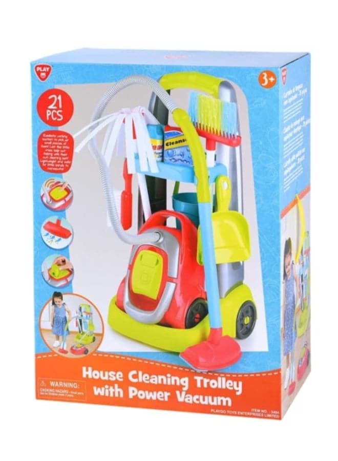 PlayGo House Cleaning Trolley with Power Vacuum, 21-Piece Pretend Play Cleaning Set for Kids